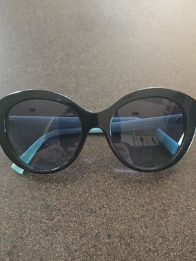 Tiffany & Co. Black Round Sunglasses with Light Blue Temples